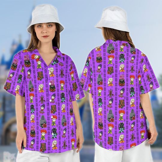 Sanderson Sisters Halloween Hawaiian Shirt, Hocus Pocus Character All Over Print Button Up, Winifred Sarah Mary Horror Movie Hawaii Shirt