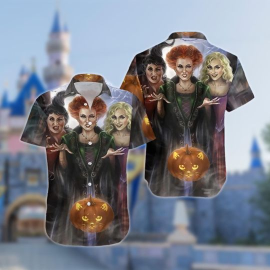 Sanderson Sisters Halloween Night Hawaiian Shirt, Horror Movie Character Halloween Hawaii Shirt, Hocus Pocus All Over Print Button Up Shirt