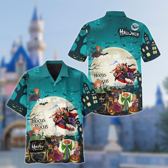 Hocus Pocus Halloween Night Hawaiian Shirt, Horror Movie Character Halloween Hawaii Shirt, Sanderson Sisters All Over Print Button Up Shirt