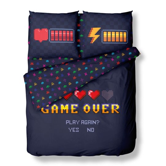 Pixel Patterned Navy Blue Duvet Cover Set | Game Patterned | Game Over Printed Duvet Cover