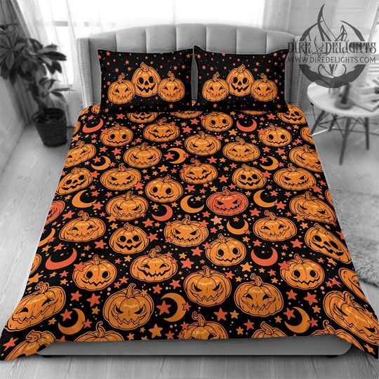 Jack-o'-lantern 4 Piece Bedding Set,Halloween Pumpkins Bedding, Witchcraft,Starry Night Duvet Cover Pillow Cases,Happy Halloween Bed