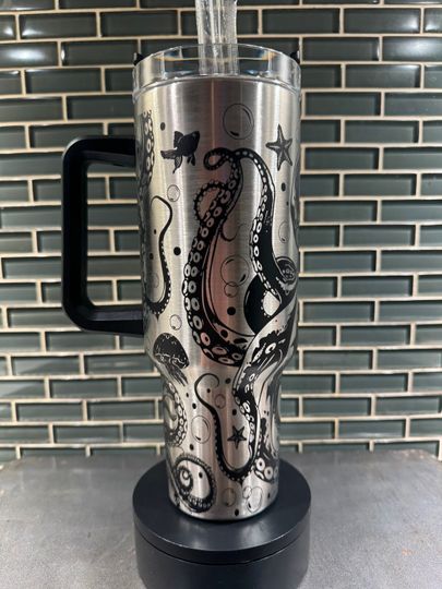 Octopus  / Marine Life themed Laser Engraved black 40oz Tumbler
