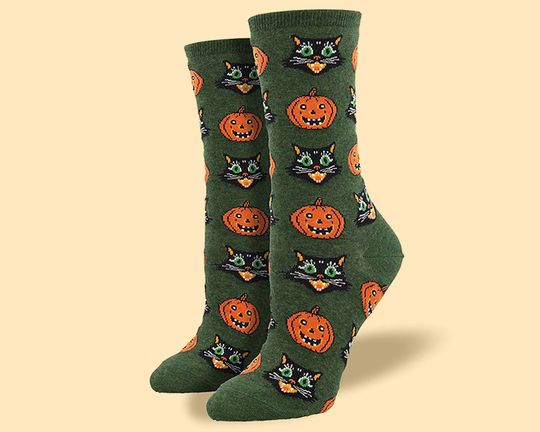 Retro Salem Halloween socks - Spooky rustic fall jack o lantern pumpkin cat