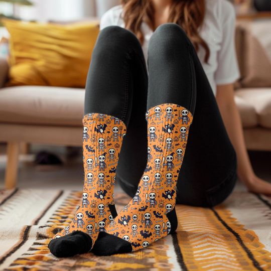 Halloween Skeletons and Bats Pattern Socks - Fun and Spooky Animal Print - Unisex Halloween Socks for Kids and Adults