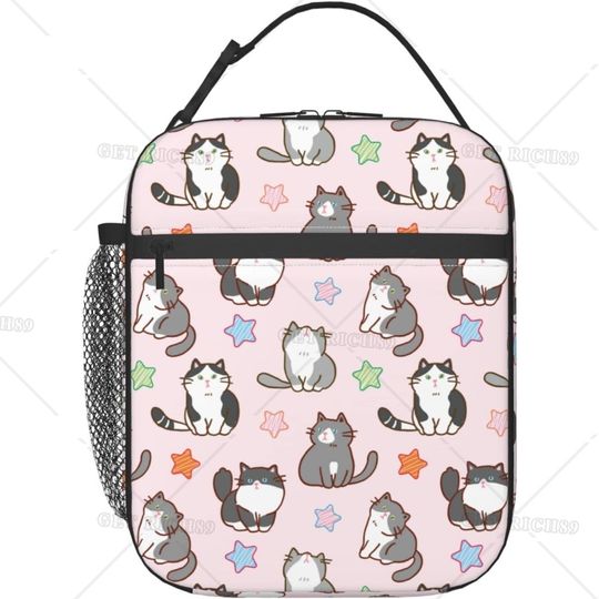 Cartoon Cat and Star Lunch Bag Insulated Lunch Box Meal Bag, Food Container with Pocket for Women Girls, School Work Picnic Travel