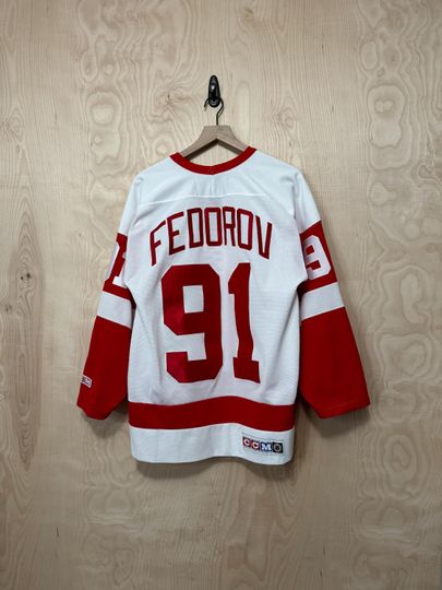 Vintage 90s Detroit Red Wings Sergei Federov #91 Stitched CCM Air Knit White