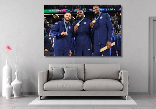 Lebron James & Stephen Curry , Kevin Durant USA National Team 2024 Champion Framed Canvas Wall Art, Lebron James Poster,Stephen Curry Poster