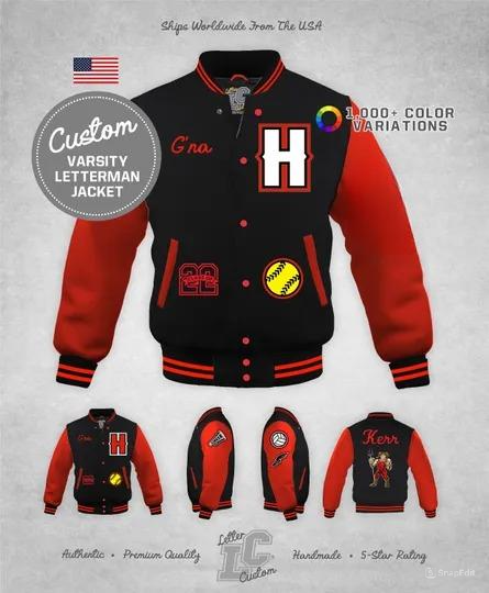 Custom Girls Varsity Softball Jacket Red & Black Wool Premium Authentic LetterCustom Handmade