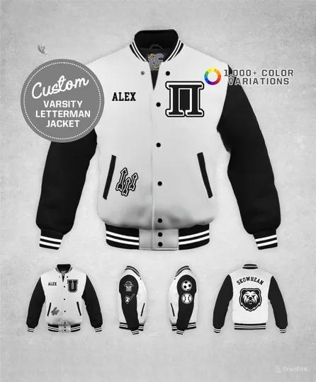 Custom Greek Letter Fraternity Varsity Jacket Pi Black & Natural Wool Premium Authentic LetterCustom Handmade