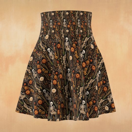 Women's Spooky Harvest Circle Skirt, Pumpkin Skeleton High Waisted Skater Skirt, Thanksgiving Halloween All Size Soft Stretchy Skirt