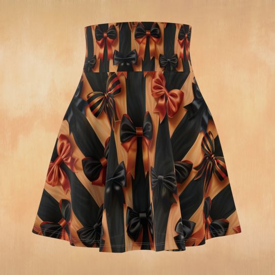 Women's Black and Orange Striped Ribbon Circle Skirt, Coquette Halloween Bow High Waisted Skater Skirt, Black Orange Bow All Size Skirt