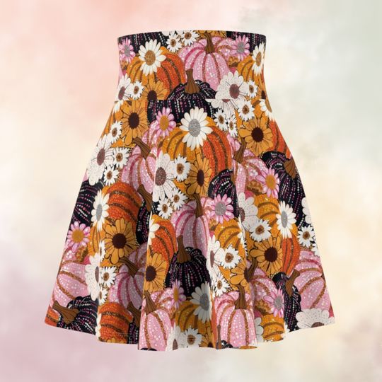 Women's Fancilful Fall Circle Skirt, Faux Sequin Pink Orange and Black Pumpkins and Daisies High Waisted Skater Skirt, All Size Soft Skirt