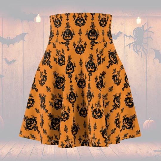 Women's Orange and Black Jack-O-Lantern Damask Circle Skirt, Elegant Halloween High Waist Skater Skirt, Spooky All Size Stretchy Skirt
