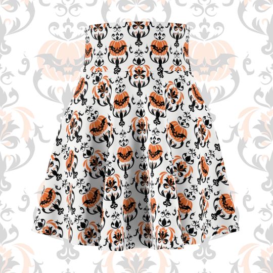 Women's Orange and Black Pumpkin Damask Circle Skirt, White Halloween High Waist Skater Skirt, Spooky Cute All Size Stretchy Skirt