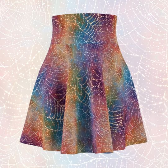 Women's Glittering Web Ombre Rainbow Circle Skirt, Halloween Illusion Sparkle Spider Web High Waist Skater Skirt, All Size Soft Skirt