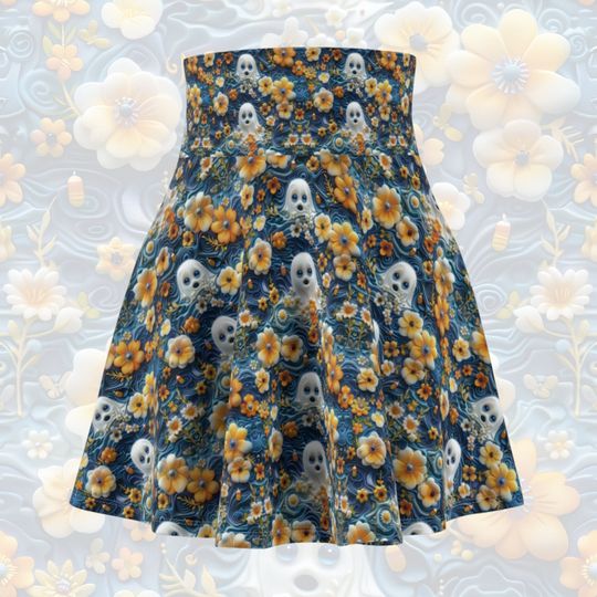 Women's Spooky Cute Blue Eyed Ghost Halloween Circle Skirt, Blue and Yellow Ghost High Waisted Skater Skirt, Plus Size Soft Stretchy Skirt