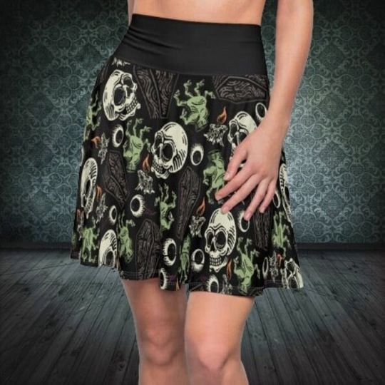 Halloween Zombie and Skull Skirt, Horror Skirt, Spooky Halloween Clothing, Skater Skirt, Circle Skirt with Elastic Band, Goth Clothes