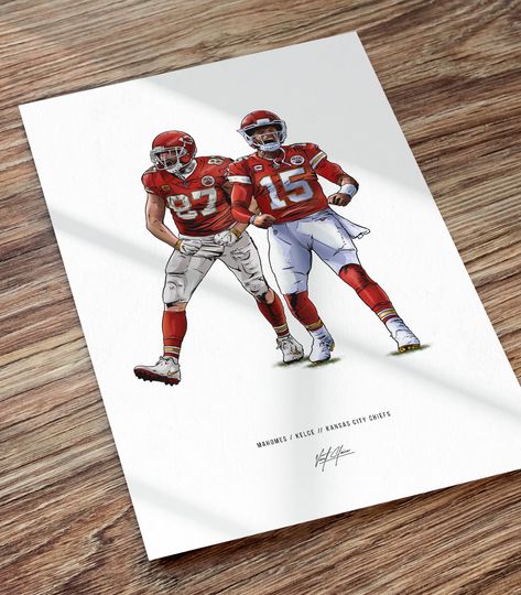 Patrick Mahomes Travis Kelce Kansas City Chiefs Football Art Illustrated Print Poster, Mahomes Kelce Poster, Kansas City Chiefs Wall Decor
