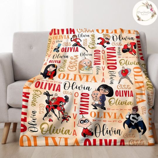 Personalized Watercolor Disney Pixar The Incredibles Blanket, Custom Name Disney Incredibles Family Baby Kids Blanket, WDW Disneyland Gifts