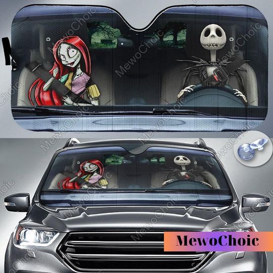 Halloween Jack And Sally Car Sunshade, Jack Skellington Car Decor, Funny Driving Auto Sun Shades, Disney Car Windshield Accessories