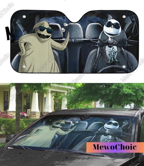 Halloween Oogie Boogie And Skellington Car Sunshade, Jack Skellington Car Decor, Disney Halloween Car Shade, Car Windshield Cover