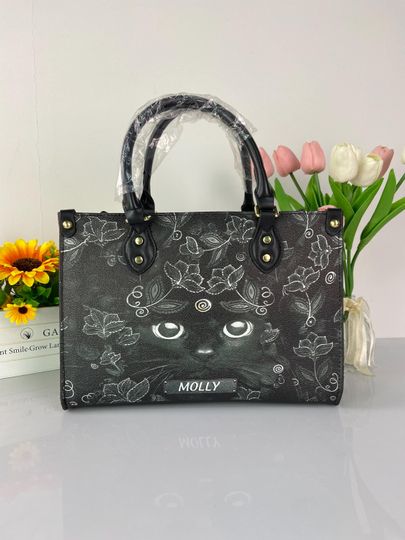 Black Cat Leather Bag, Cat Bag, Cat Handbag, Travel handbag, Teacher bag,Handmade Bag, Cat Leather Wallet, Vintage Bag, Cat Leather Bag