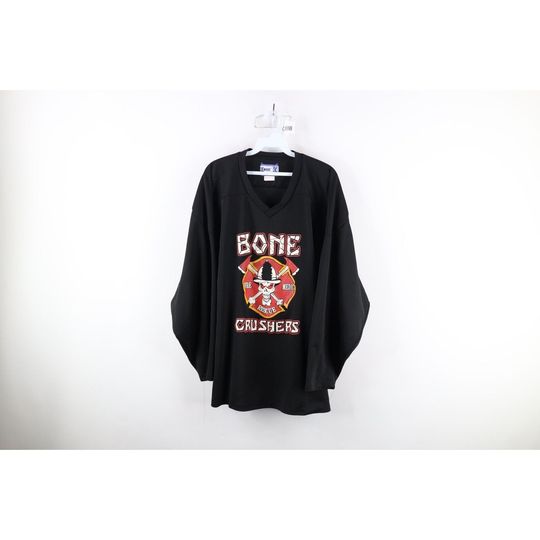 90s Mens 2XL Spell Out Bone Crushers Skull Fire Medic Hockey Jersey Black