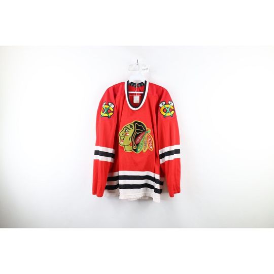 90s CCM Mens XL Striped Chicago Blackhawks Hockey Jersey Red Polyester