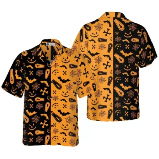 Halloween Party Hawaiian Shirt, Bat Hawaiian Shirt, Black And Gold Hawaiian Shirt