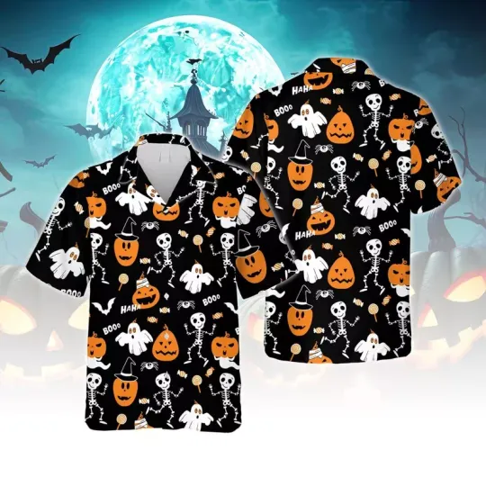 Halloween Pumpkin Skeleton Dancing Hawaiian Shirt, Spooky Season Button Up Shirt