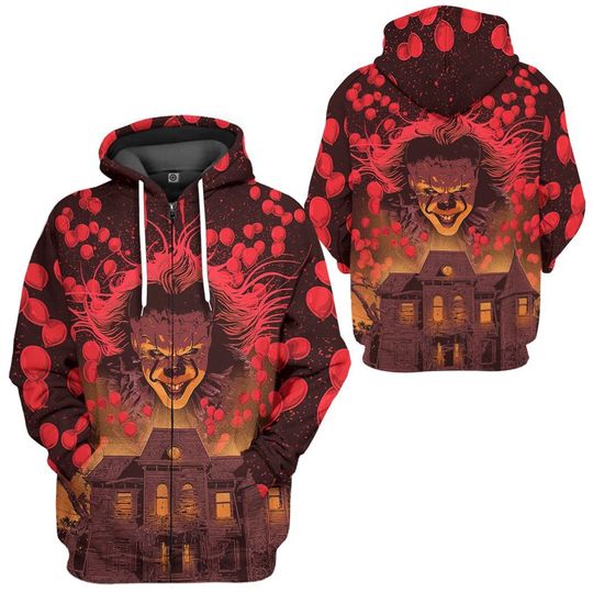Pennywise Full Over Print 3D Hoodie, Dancing Clown You Will Float Too Halloween Shirt, It Movie Horror Halloween Cosplay Sweatshirt Hoodie