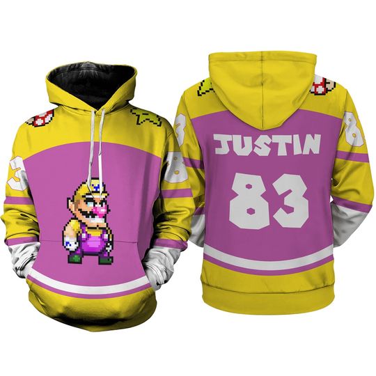 Wario Full Over Print 3D Hoodie, Super Mario Wario Halloween Sweatshirt, Mario Bros Video Game Sweatshirt Hoodie, Halloween Cosplay Hoodie