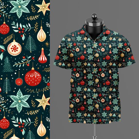 Christmas Hawaiian Casual Button Up Shirt, Gender Neutral Festive Wear, Holiday Party Gift - Classic Ornaments