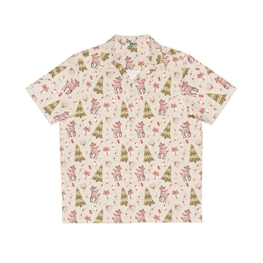 Retro Christmas Men's Hawaiian Shirt|Beige Hawaiian Shirt|Short-Sleeve Shirt|Summer Shirt|Gift for Him|Tropical Holiday Party
