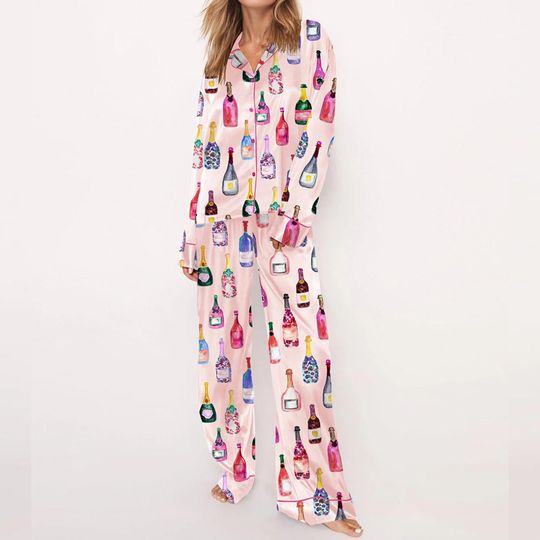 Women's Fall Satin Loungewear Wine Bottle Print Long Sleeve Lapel Button Shirt