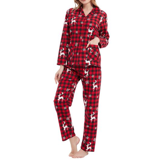 Women’s Christmas Pajama Set Long Sleeve Plaid Print Button Up Shirt
