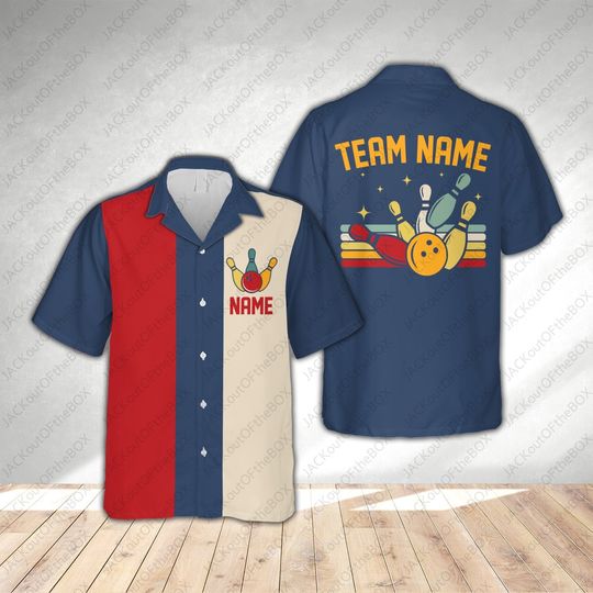 Personalized Retro Bowling Hawaiian Shirt, Custom Name Bowler Button Down Shirt, Matching Bowling Team Shirt, Bowling Lover Gift