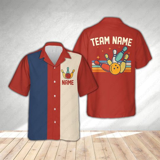 Personalized Retro Bowling Hawaiian Shirt, Custom Name Bowler Button Down Shirt, Matching Bowling Team Shirt, Bowling Lover Gift