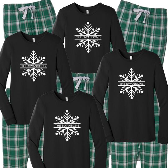 Snowflake Personalized Family Pajamas, Custom Name Let It Snow PJS, Green plaid flannel, Matching Family Pajamas, Christmas Sleepwear