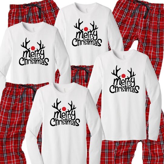 Merry Christmas Matching Family Pajamas, Reindeer Pjs Sleepwear, Rudolf PJS, Red Plaid Pajamas