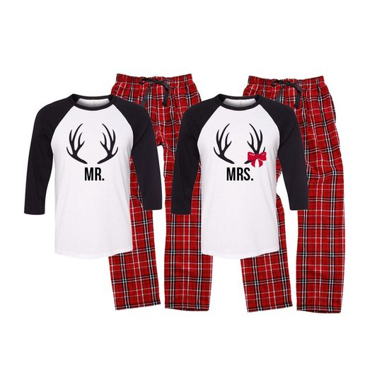 Mr and Mrs Antler Pajamas, Matching Couples pajama sets, Valentine's Day Pjs, flannel pajamas, his and hers pajamas
