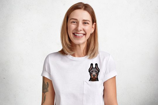 Doberman Dog With Middle Finger In The Pocket Funny T-shirt Pocket Shirt Dog Middle Finger Shirt Gift Ideas Pocket Tee Pocket Shirt