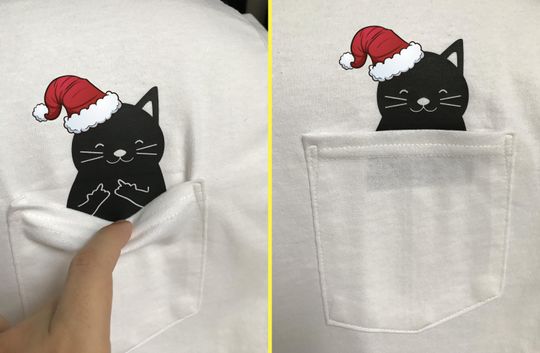 Santa Cat Middle Finger Funny Christmas Gift Ideas Pocket T-shirt Pocket Shirt Cat Middle Finger Shirt Cat Santa Tee Xmas Shirt