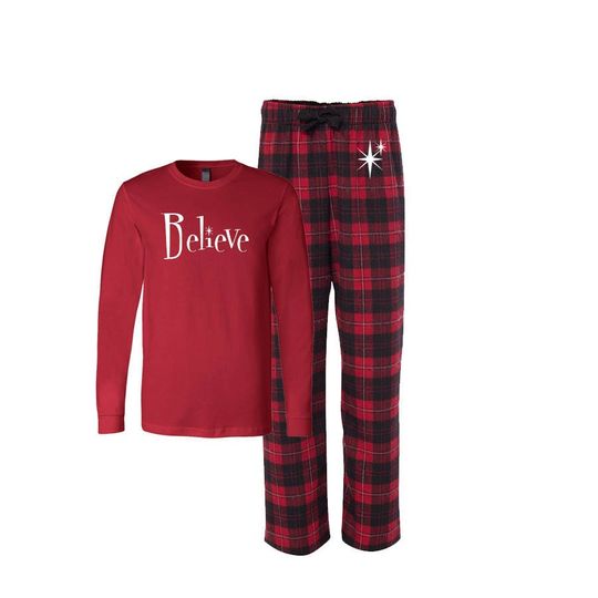 Believe Flannel Pj, Adult, Christmas Pajamas, Merry Christmas Matching Family Pajamas, Christmas Gift, Family Matching Sleepwear