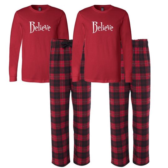 Believe Flannel Pj Set, Adult Christmas Pajamas, Merry Christmas Matching Family Pajamas, Christmas Gift, Family Matching Sleepwear