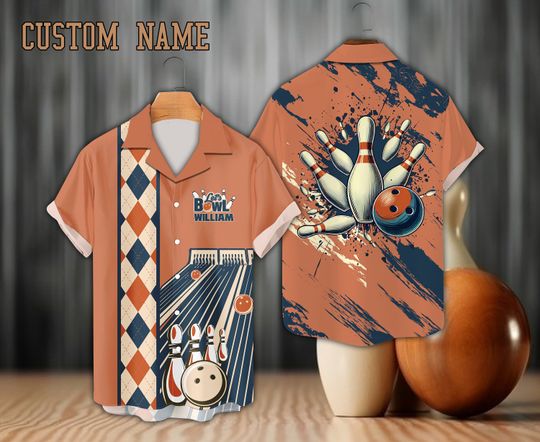 Personalized Bowling Hawaiian Shirt, Custom Name Bowler Button Down Shirt, Argyle Pattern Bowling Lover Gift, Matching Bowling Team Shirt