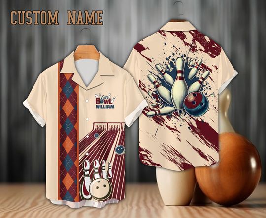 Personalized Bowling Hawaiian Shirt, Custom Name Bowler Button Down Shirt, Argyle Pattern Bowling Lover Gift, Matching Bowling Team Shirt