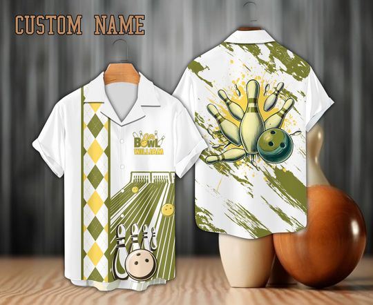 Personalized Bowling Hawaiian Shirt, Custom Name Bowler Button Down Shirt, Argyle Pattern Bowling Lover Gift, Matching Bowling Team Shirt