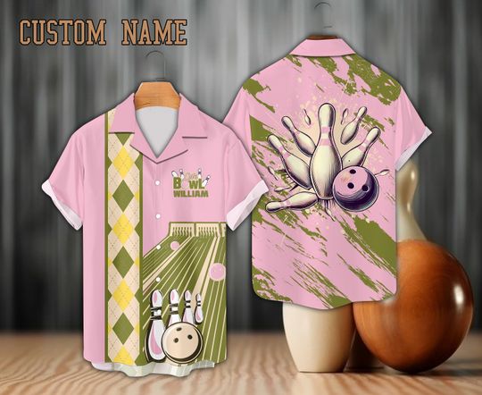 Personalized Bowling Hawaiian Shirt, Custom Name Bowler Button Down Shirt, Argyle Pattern Bowling Lover Gift, Matching Bowling Team Shirt