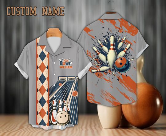 Personalized Bowling Hawaiian Shirt, Custom Name Bowler Button Down Shirt, Argyle Pattern Bowling Lover Gift, Matching Bowling Team Shirt